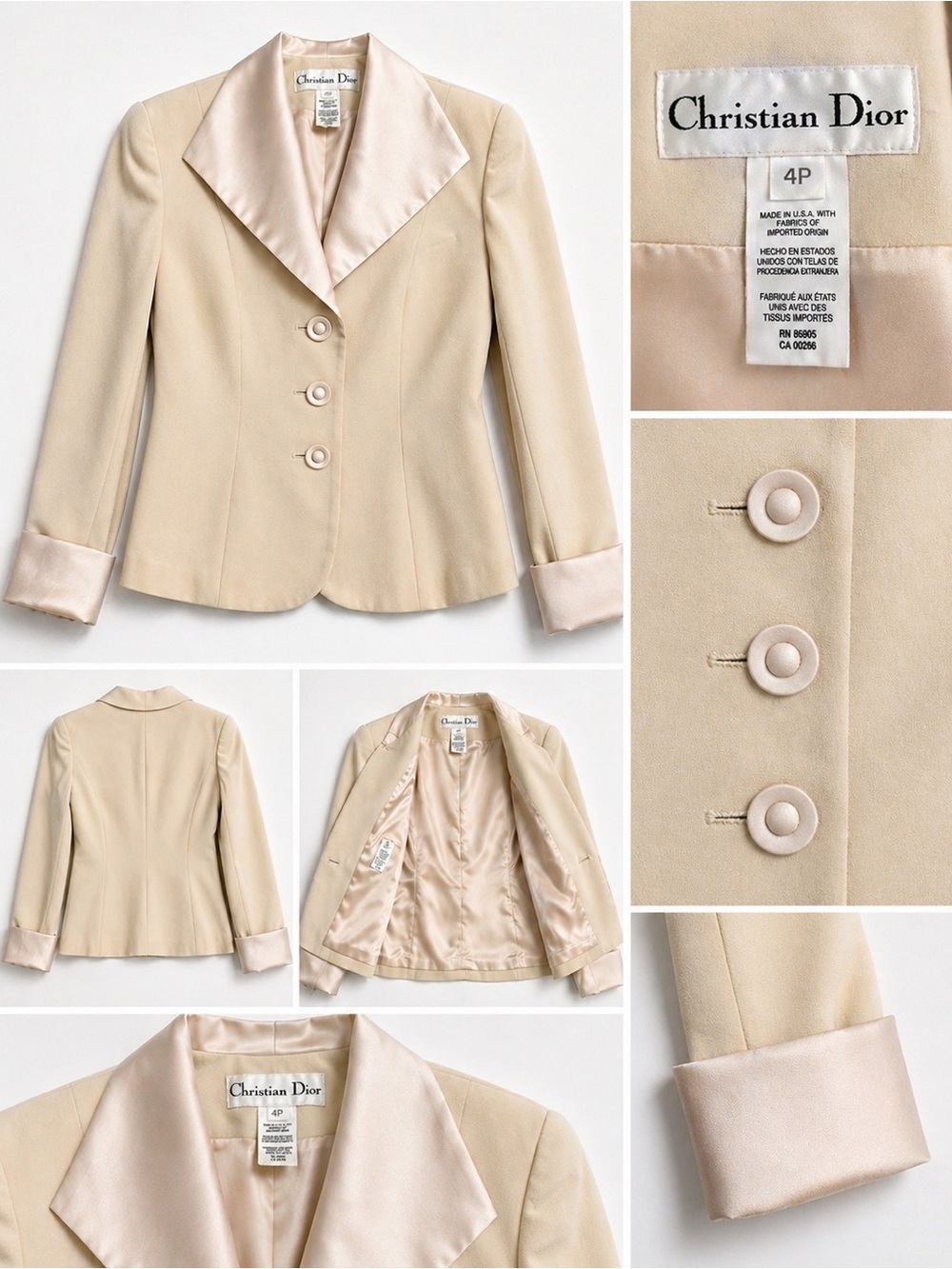 Vintage Christian Dior Beige Blazer | Satin Collar | Size 4P | Classic Jacket - Picture 2 of 7